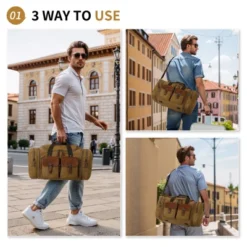 Unique Bargains Canvas Leather Accents Expandable Multi-Pocket Duffel Bag 20" X 9.8" X 11" Coffee