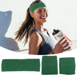 Unique Bargains Stretchy Cotton Blend Sweat Absorbing Sport Headband Wristband Grass Green 3 Pcs