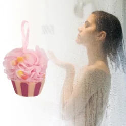 Unique Bargains Bathroom Cartoon Bath Shower Loofah Sponge 5.12"x5.91" Pink Yellow 1 Pc