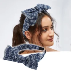 Unique Bargains Women's Double Bow Knot Fashion Headband Blue White Flower Pattern 1.34 Inch Wide 1 Pcs
