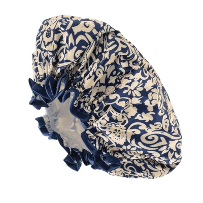 Unique Bargains Women Double Layer Flowers Shower Cap Navy Blue 1 Pc 3 Unique Bargains Women Double Layer Flowers Shower Cap Navy Blue 1 Pc - Image 3