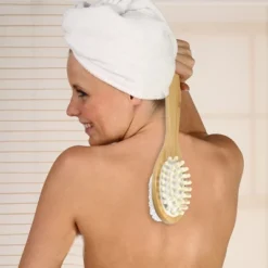 Unique Bargains Double-Side Long Handle Bath Brush For Shower 15.75" Length White 1 Pc