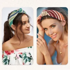 Unique Bargains Women's Bohemian Style Knotted Straw Rattan Sponge Headband Green Orange 2 Pcs