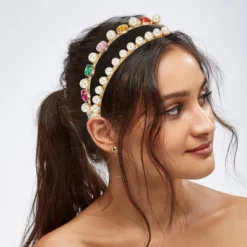 Unique Bargains Women's Metal Round Colorful Faux Pearl Rhinestone Headband 1 Pc