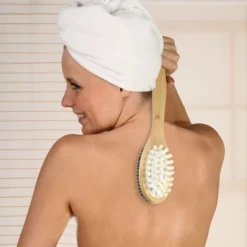 Unique Bargains Double-Side Long Handle Bath Brush For Shower 15.75"x3.03" Deep Brown 1 Pc