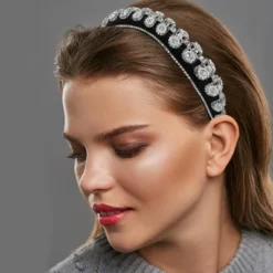 Unique Bargains Women's Bling Double-layered Rhinestone Flannel Wide Edge Headband 5.71"x1.30" 1Pc