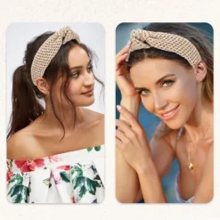 Unique Bargains Women's Bohemian Style Knotted Straw Rattan Sponge Headband Khaki Pink 2 Pcs
