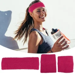 Unique Bargains Stretchy Cotton Blend Sweat Absorbing Sport Headband Wristband Peach Red 3 Pcs