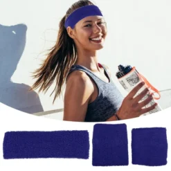 Unique Bargains Stretchy Cotton Blend Sweat Absorbing Sport Headband Wristband Sapphire Blue 3 Pcs