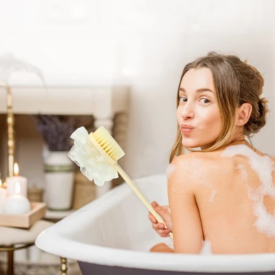 Unique Bargains Double-sided Long Handle With Bath Flower Bath Brush 14.96"x3.94"x2.76" 1 Pc 5 Unique Bargains Double-sided Long Handle With Bath Flower Bath Brush 14.96"x3.94"x2.76" 1 Pc - Image 5