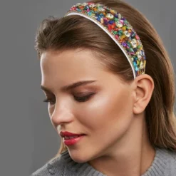 Unique Bargains Women's Bling Assorted Color Crushed Turquoise Rhinestone Headband Wide Edge 4.72"x1.65" 1Pc