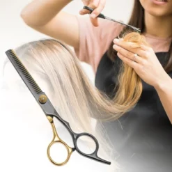 Unique Bargains Tooth Style Hair Cutting Scissors Black Gold Tone 1 Pc