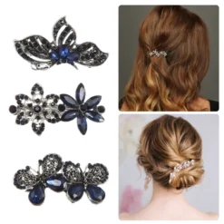 Unique Bargains 3 Pcs Hair Clips Hair Accessories For Women Hair Barrettes Sparkly Rhinestones Hairpin Blue Black