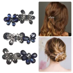 Unique Bargains Women's Bling Rhinestones Hair Clips Accessories Barrettes Hairpin Blue Black 3 Pcs