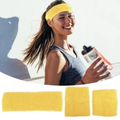 Unique Bargains Stretchy Cotton Blend Sweat Absorbing Sport Headband Wristband Yellow 3 Pcs