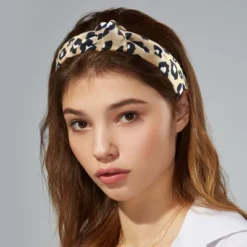 Unique Bargains Women's Leopard Pattern Knotted Headband Khaki 1 Pc
