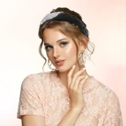 Unique Bargains Women's Sparkle Sequins Headbands Black Silver Tone 1 Pc