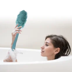 Unique Bargains Body Bath Brush Scrubber Loofah Shower With Long Handle For Skin Exfoliating PP Mesh Blue Pink 2 Pcs