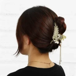 Unique Bargains Girl's Faux Pearl Long Tassel Cute Butterfly Hair Clips Gold Tone