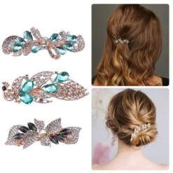 Unique Bargains 3 Pcs Hair Clips Hair Accessories For Women Hair Barrettes Sparkly Rhinestones Hairpin Green