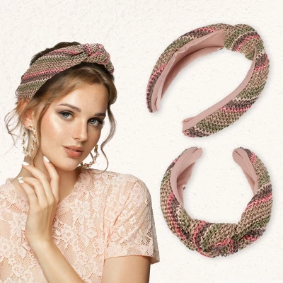 Unique Bargains Women's Bohemian Style Knotted Straw Rattan Sponge Headband Assorted Color 2 Pcs 2 Unique Bargains Women's Bohemian Style Knotted Straw Rattan Sponge Headband Assorted Color 2 Pcs - Image 2